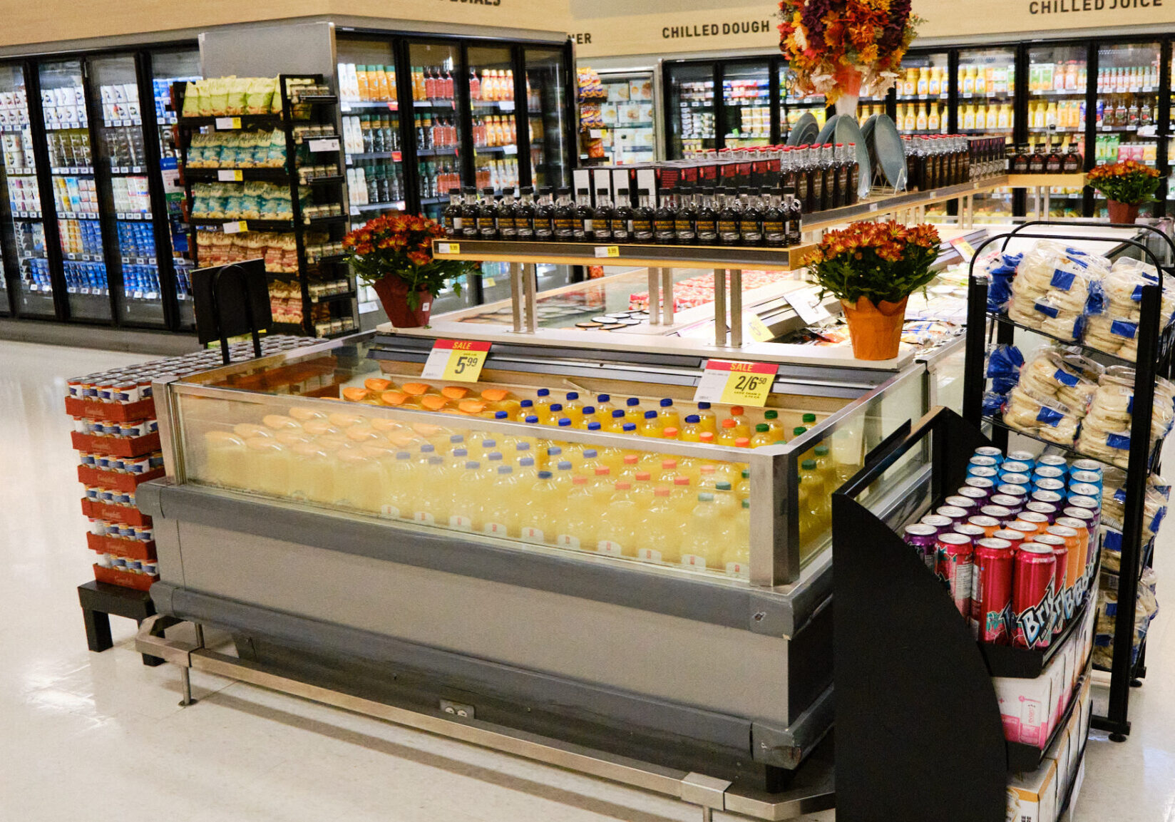 This before picture shows a damaged refrigerated grocery display unit that needs repairs. Maintenance Repair Services provides ready-made parts for these units. 